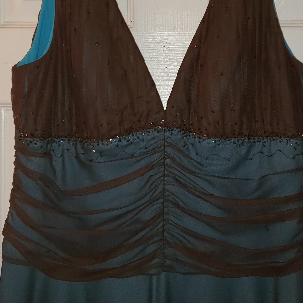 Brown Sheer Overlay Teal Ruched Waist Dress